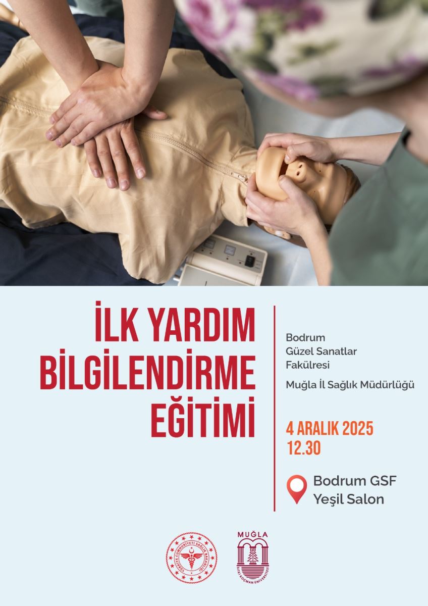 Bu görselde bir eğitim veya ilk yardım eğitimine ait afiş/duyuru görüntüsü var. Görselin üst kısmında, bir kişinin yerde bulunan bir insanı (manken destekli bir eğitim mankeni) elleriyle temel yaşam desteği ya da göğüs kompresyonu gibi bir uygulama yaparken görüyoruz. Kişinin bir elini göğüs bölgesine, diğer elini ise üzerine baskı yapar gibi konumlandırdığı anı var. Yanında yan gözlük benzeri bir aparat veya belki de bir eğitim cihazı bulunuyor; bunun amacının müdahaleyi göstermek olduğu izlenimini veriyor. Görselin alt kısmında ise kırmızı ve siyah yazılarla Türkçe bir metin bulunuyor. Metin alanı açık mavi bir zemin üzerinde yer alıyor. Büyük kırmızı başlık şu şekilde: "İLK YARDIM BİLGİLENDİRME EĞİTİMİ". Sağ tarafta etkinlik bilgileri yer alıyor: “Bodrum Güzel Sanatlar Fakültesi Muğla İl Sağlık Müdürlüğü” gibi sponsorlar ve “4 ARALIK 2025 12.30” tarihi ile Bodrum GSF Yeşil Salon konumu belirtilmiş. Alt kısımda iki kurumun logosu bulunuyor. Genel hava, bir eğitim veya seminer afişi; görsel, ilk yardım eğitiminin uygulanabilirliğini ve eğitim atmosferini aktarmaya odaklanmış.